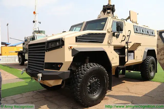On the booth of Denel, the South African Company LMT presents its new LM14 4x4 armoured vehicle personnel carrier at AAD 2016, the Africa Aerospace and Defence Exhibition. Denel Group has a majority stake in LMT Holdings. 