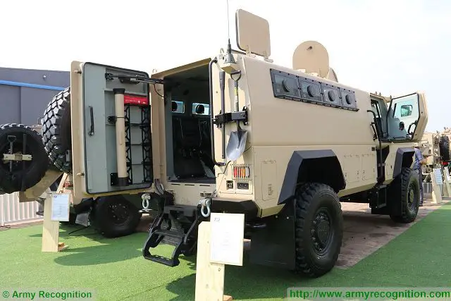 On the booth of Denel, the South African Company LMT presents its new LM14 4x4 armoured vehicle personnel carrier at AAD 2016, the Africa Aerospace and Defence Exhibition. Denel Group has a majority stake in LMT Holdings. 