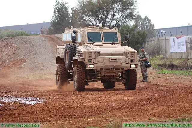 Denel Vehicle Systems from South Africa presents new RG31 MK5 EHM (Extended High Mobility) 4x4 mine protected armoured personnel carrier in live demonstration at AAD 2016, the Africa Aerospace and Defence Exhibition near Pretoria, South Africa.