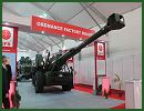 Ordnance Factories Board (OFB) of India presents the latest prototype of its 155mm 45 calibre Dhanush towed howitzer at Defexpo 2014, the International Defense Exhibition of New Delhi, India. OFP is an industrial setup functioning under the Department of Defence Production of Ministry of Defence, Government of India.