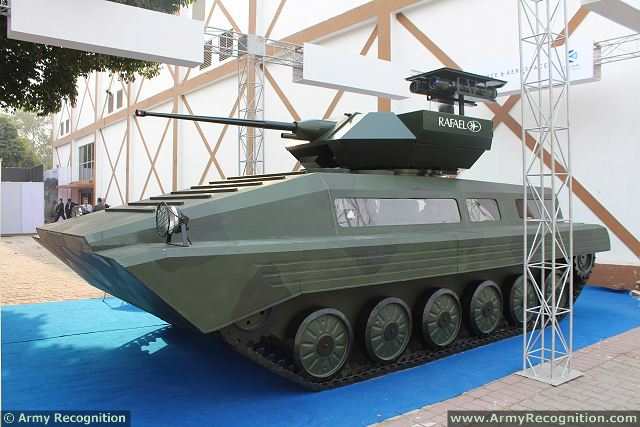 The Indian Defense Company Kalyani Group presents at Defexpo 2014, defense exhibition in India, a solution to upgrade the Russian-made BMP-2 infantry fighting vehicle with new armour and fire power. The upgraded BMP-2 of Kalyani features front, side, skirt and rear passive and reactive armor and one Israeli-made Rafael Samson Mk II mounted on the top of the vehicle. 