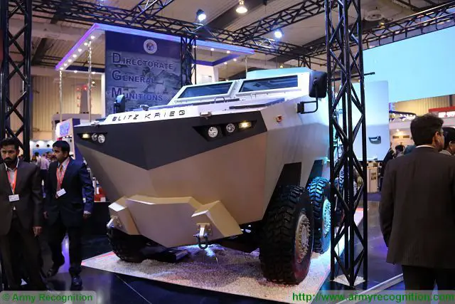 The Pakistani Company Blitzkrieg Defense Solutions unveils a new 8x8 armoured vehicle in the category of MRAP, the HAMZA 8x8 at IDEAS 2016, the International Defense Exhibition in Karachi, Pakistan. This is the first MRAP vehicle in the world based on a 8x8 chassis offering a large internal volume to carried a total of 14 military personnel. 