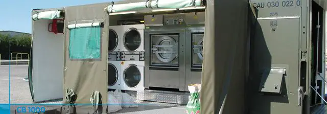 The containerized laundry unit CB 1000 is designed to support 500 to 1000 people in the field in terms of laundry. It includes two washing machines and four dryers resulting in a capacity of 66 kg of dry linen per hour.