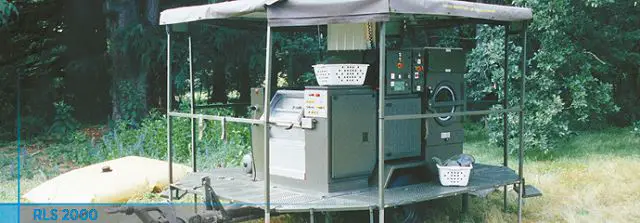 The laundry trailer RLS 2000 is designed to accommodate approximately 150 people in the field. It includes a durable automatic horizontal washing machine of 20 to 25 kg/h with double bearing at each end of the drum, a high speed extractor, a vertical dryer and a soundproof liquid cooled diesel generator.
