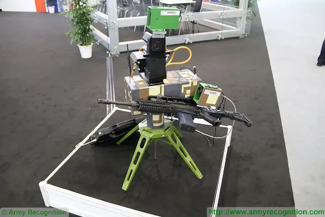 On the booth of the Czech Ministry of Defense, VOP and the Czech University of Defence presents the LAFETA II, an autonomous weapon station which can armed with a standard assault rifle. The system can be used for remotely targeting enemies in combat zones without human intervention. 