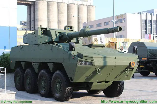 The Belgian Defense Company CMI Defense presents at MSPO 2015, the International Defence Industry Exhibition in Poland, a new generation of combat vehicle based on the Rosomak 8x8 chassis. The vehicle is fitted with the Cockerill XC-8 is a low-weight concept-turret armed with a Cockerill 120mm high pressure gun.