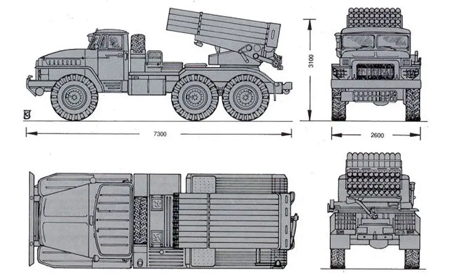 BM 21 Grad 122mm MLRS Multiple Launch Rocket System Russia line drawing blueprint 925 001