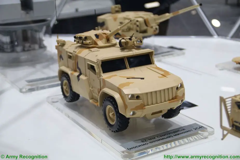 At Army-2017, the International Military Technical Forum in Russia, Uralvagonzavod presents a scale model of the 2S41 Drok,a new wheeled self-propelled mortar carrier based on the chassis of the 4x4 armoured vehicle Taifun K-4386.