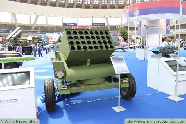 Another new product presented by the Serbian State Company Yugoimport at Partner 2017, the International fair of armaments and defense equipment, is 107mm towed rocket launchers system mounted on a trailer with one single axle. 