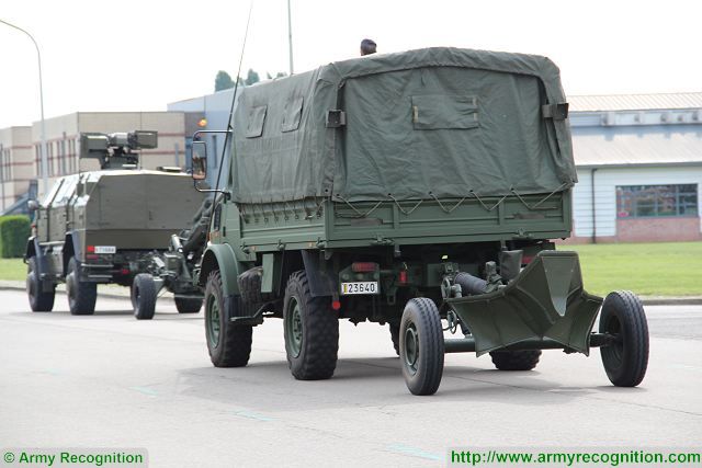 Belgian army 120mm F1 mortar towed by Unimog 4x4 light tactical truck