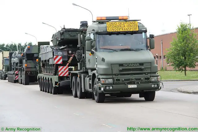 Belgian army Scania truck with Leopard 2 main battle tank on trailer