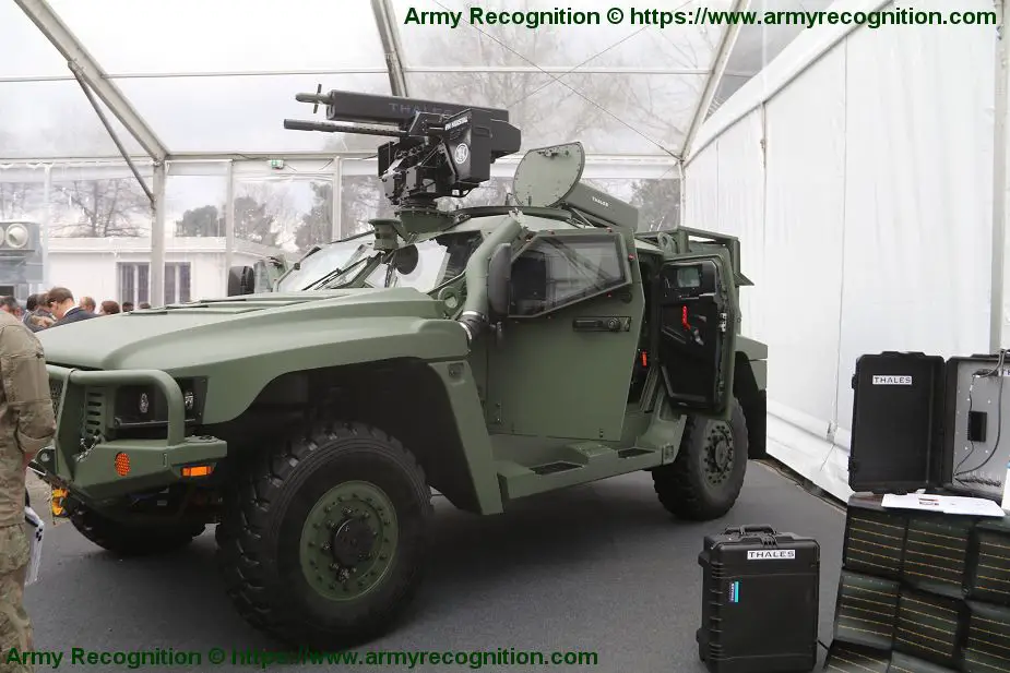 Thales 68mm ground to ground induction rocket system pod mounted on Hawkei 4x4 protected vehicle 925 002