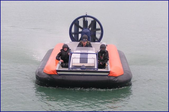 The 380TD is the smallest craft in the Griffon range, capable of carrying 6 persons or a payload of 450kgs. The 380TD is a rugged rigid-inflatable hovercraft and benefits from having two diesel engines, one for lift and one for thrust, improving craft control. With the optional hover-on hover-off trailer, one person can quickly and easily transport and operate this unique vessel virtually anywhere and is ideally suited to applications such as Policing, Coastguard, Search and Rescue, Amphibious Assault, Reconnaissance, Medical Evacuation, Mine Counter Measures and Logistics. 