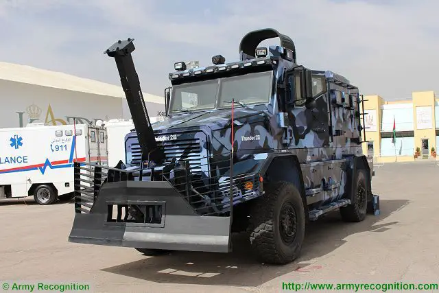 The Canadian Company Cambli demonstrates its new Thunder 2 armoured tactical truck at SOFEX 2016, the Special Forces Operations Exhibition and Conference in Amman, Jordan. Cambli Group is a family-owned business that has been involved in the design and manufacturing of armored trucks for more than 50 years.