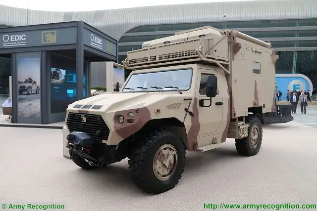 The Ajban 420 is a highly mobile 4x4 vehicle with a two crew cabin featuring a rear cargo platform. At IDEX 2017, the Ajabn 420 was fitted with a shelter mounted at the rear of the chassis offering a mobile command post platform. 