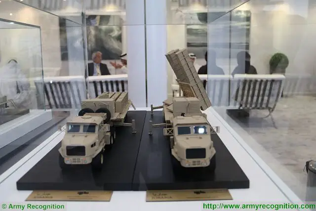At IDEX 2017, the UAE-based Company Al Jaber Land Systems showcases its new 300mm MLRS (Multiple launch Rocket System), Jobaria TCL Twin Cradle Launcher fitted with two launcher units each able to fire four rockets. 
