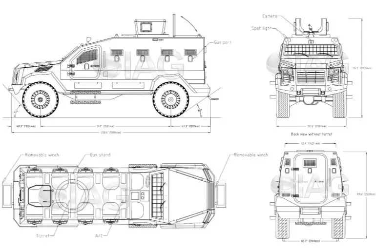 Guardian Xtreme APC 4x4 MRAP Mine Resistant Ambush Protected vehicle IAG line drawing blueprint 001
