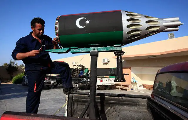 The goal is to convert old weapons mainly Chinese and Russian air-to-air rockets and ground-to-air missile into mobile weapon platform which can be used against the better trained and equipped of Libyan armed forces. Some civilian light jeeps are fitted with small unguided UB-32 rockets pod from captured combat helicopter mounted at the rear of the vehicle. The helicopter UB32 pods can fired 32 S-5 57 mm unguided air-to-ground rockets