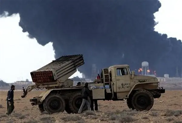 Anti-Libyan Leader Moammar Gadhafi rebels use BM-21 MRLS Multiple Rocket launcher System to fire rockets during fighting against pro- Gadhafi fighters, in Sidra town, eastern Libya, on Wednesday March 9, 2011. 
