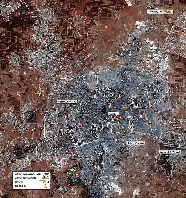 This image map provides an overview of the activity seen in Aleppo from July 23, 2012 to August 1, 2012 (base image collected on July 29, 2012). DigitalGlobe, July 29, 2012, Aleppo, Syria, 36 11 10N, 37 07 59E (c) Analysis secured by Amnesty International USA (c) Digital Globe 2012