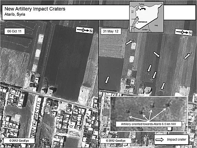 One satellite image showed apparent artillery impact craters near civilian areas of a town called Atarib.
