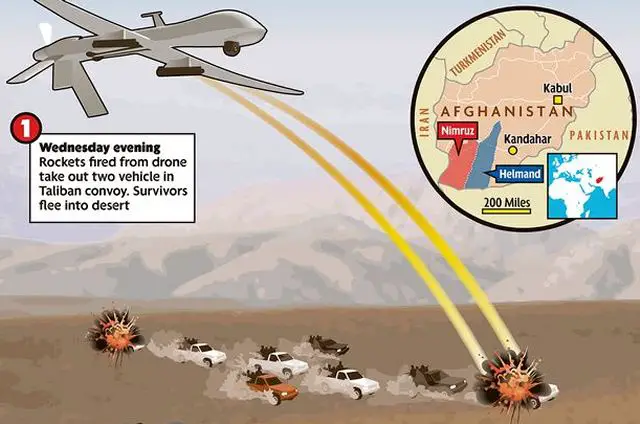 As the insurgents moved in from neighbouring Nimruz province into Helmand, a US air-strike was called in to cut them off before they disappeared into the local population and a jet destroyed two vehicles.