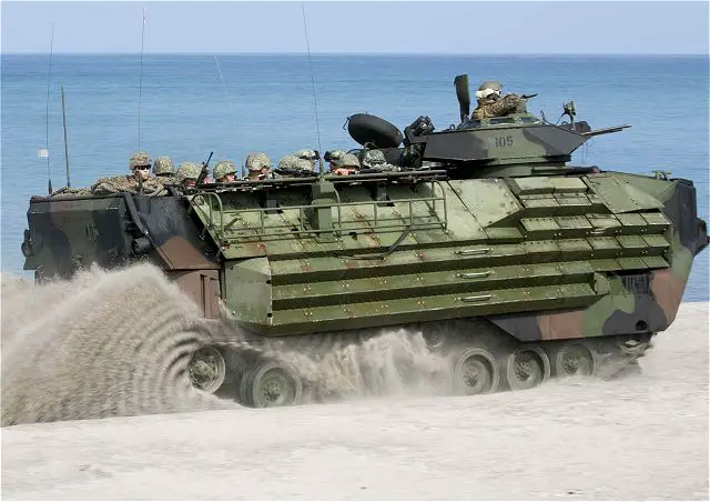 Philippine and U.S. Marines conducted an amphibious mechanized assault as part of Amphibious Landing Exercise 15 on Oct. 5, 2014 A section of U.S. Marine Amphibious Assault Vehicles departed from the USS Germantown (LSD-42) to storm the beach. Once on land, Philippine Marines disembarked the U.S. AAVs and maneuvered toward a simulated objective.