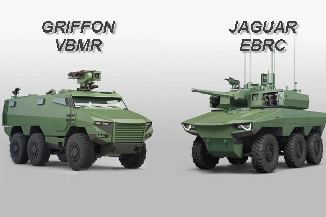The DGA (French Defense Procurement Agency) awarded the French Companies Nexter Systems, Renault Trucks Defense et Thales an order for the first 319 Griffon VBMR (Véhicule Blindé MutiRôle - Multirole armoured vehicle) wheeled armoured vehicles and 20 Jaguar EBRC (Engin Blindé de Reconnaissance et de Combat - Reconnaissance and Combat armoured vehicle) as a part of the Scorpion Program of the French Army. 