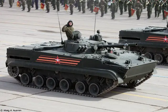 The BMP-3 is a Soviet tracked amphibious infantry fighting vehicle, successor to the BMP-1 and BMP-2, which entered service with the Soviet army in 1990 and made its first public appearance the same year. The main armament of the BMP-3 is one 100mm 2A70 semi-automatic rifled gun / missile launcher, which is stabilised in two axes and can fire either 3UOF HE-FRAG rounds or 3UBK10 anti-tank guided missiles.