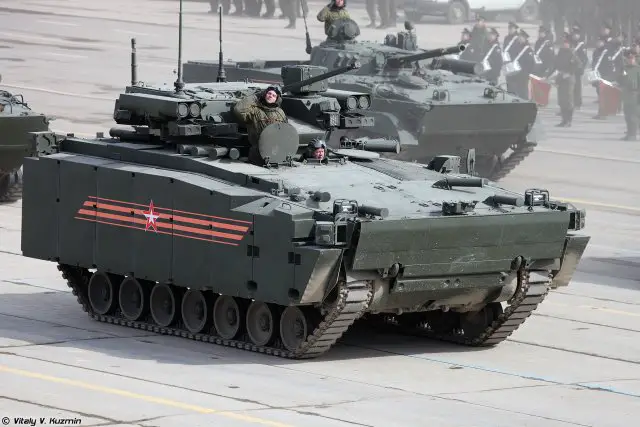 The Kurganets-25 BMP is the IFV (Infantry Fighting Vehicle) variant of the Kurganets family designed and developed by the Russian Defense Company Kurgan Machine-Building Plant to create a new family of light tracked armoured vehicle. The Kurganets-25 is equipped with an electrically powered unmanned turret mounted in the centre of the hull. The turret is armed with the 2A42 30mm automatic cannon. A 7.62mm coaxial PKT machine gun is mounted to the left side of the main armament. Two launchers of anti-tank guided missile Kornet-EM are mounted on each side of the turret.