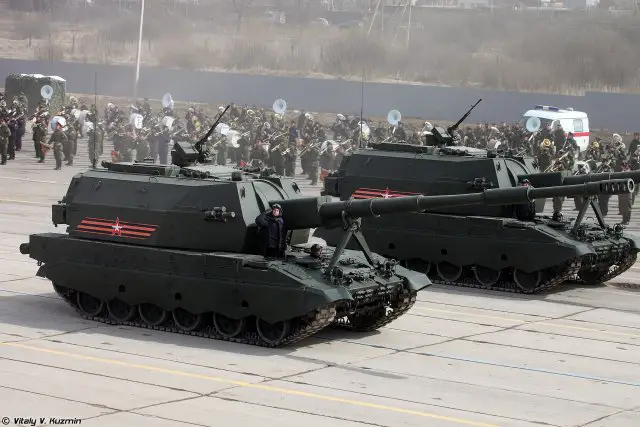 The 2S35 Koalitsiya-SV is a new generation of Russian-made self-propelled tracked howitzer based on the 2S19 chassis fitted with a new turret. The 2S35 Koalitsiya-SV tracked self-propelled howitzer is armed with the new 2A88 cannon 152mm which is under development. The 2S35 is able to fire a new generation of 9K25, the 152 mm Krasnopol laser-guided projectile which has a maximum range of 20 km.