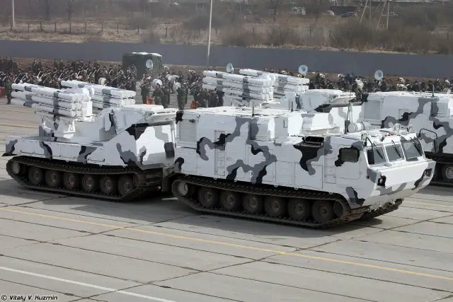 The Pantsir-SA is a new Russian-made short-range air defense missile system using the Pantsir-S1 weapon station. The system is especially designed to be used for Arctic region based one the chassis of the DT-30PM tracked all-terrain vehicle which consists of two tracked vehicle units linked by a steering mechanism. The second vehicle is used to carry the Pantsir-S1 weapon station.
