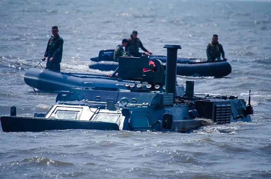 Indonesian Marines sea military exercise with Ukrainian made BTR 4M 8x8 amphibious armored vehicle 925 001