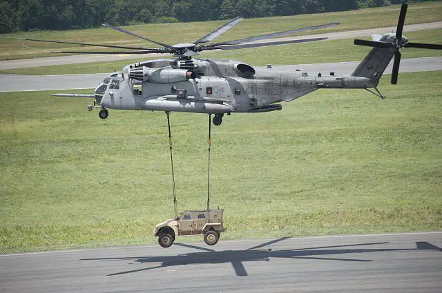 An Army and U.S. Marine Corps' Joint Light Tactical Vehicle BAE Systems/Navistar team conducts a helicopter sling load transportability test during the Technology Development phase.