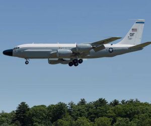 A U.S. Air Force TC-135 from the 55th Wing flies during Exercise Ravitaillement en Vol, supporting the first U.S.-U.K.-France RC-135 aerial refueling integration with a French A330 MRTT Phénix. The exercise established a repeatable framework for allied tanker support to NATO intelligence aircraft.