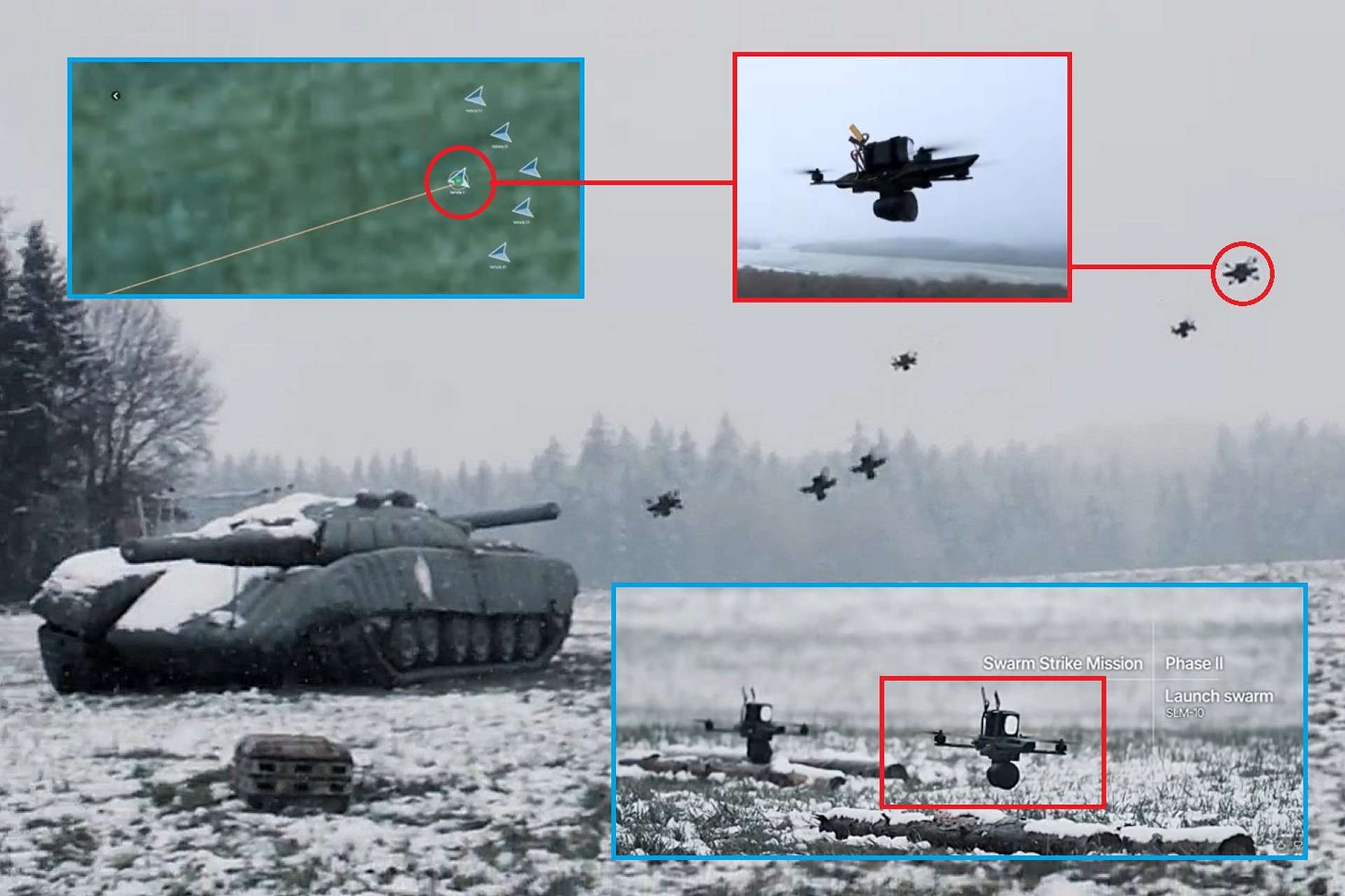 Auterion’s Nemyx software showcased a hybrid swarm strike, highlighting NATO’s push for interoperable drone masses as a path to scalable combat power (Picture Source: Auterion)