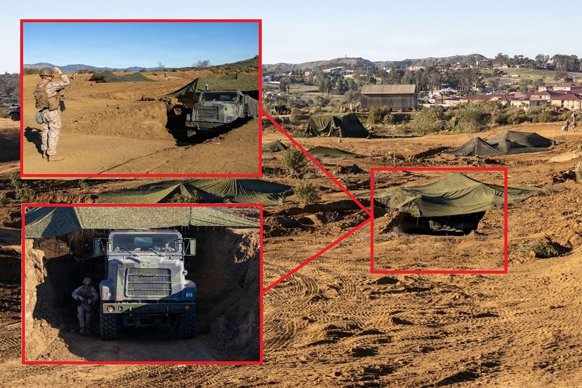 U.S. Marines at Camp Pendleton used camouflaged, below-grade trench logistics bays during Exercise Steel Knight 25 to resupply dispersed units while reducing exposure to surveillance, drones, and long-range fires (Picture Source: DVIDS)