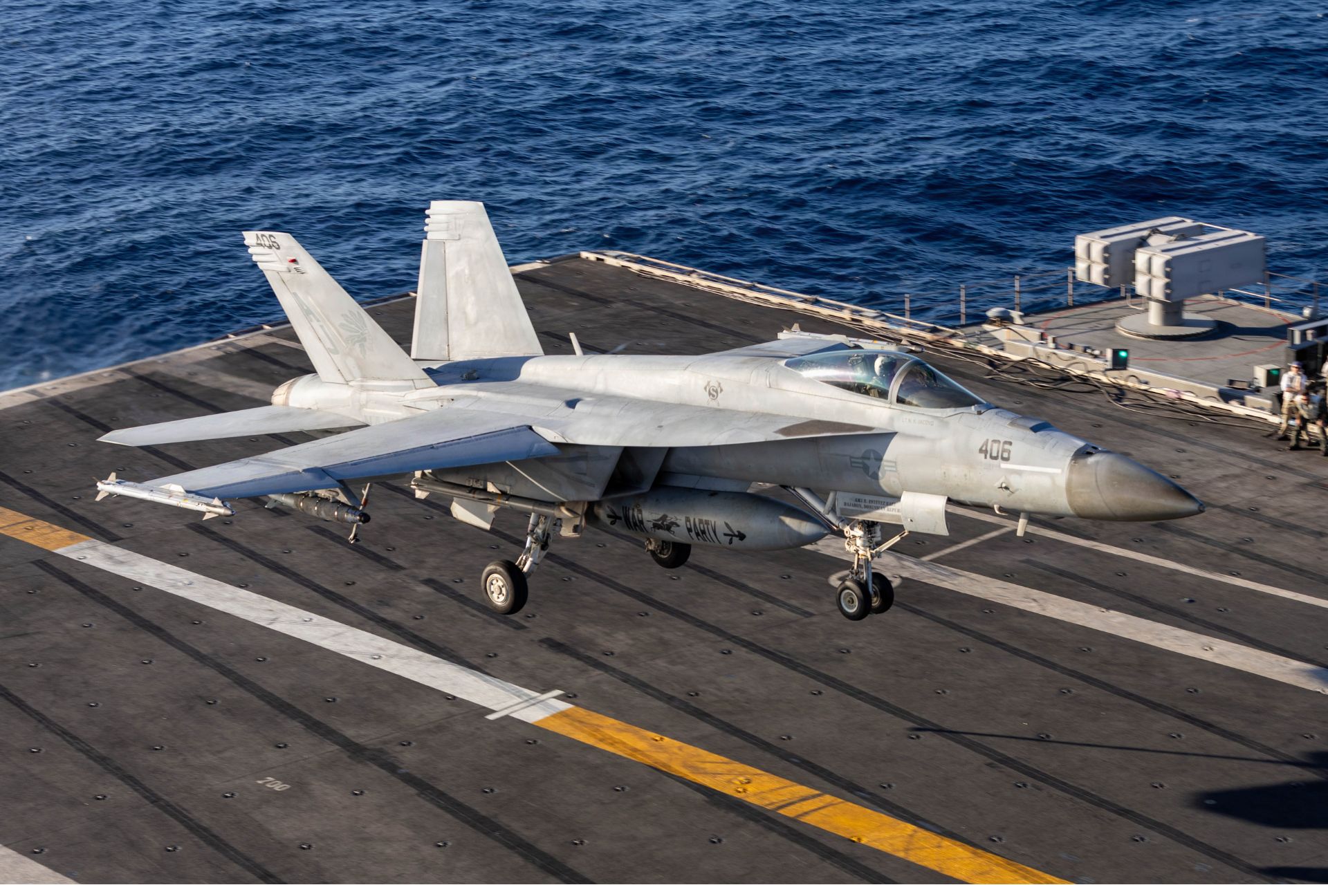 On 17 November 2025, an F/A-18E Super Hornet lands on the flight deck of the Ford-class aircraft carrier USS Gerald R Ford 