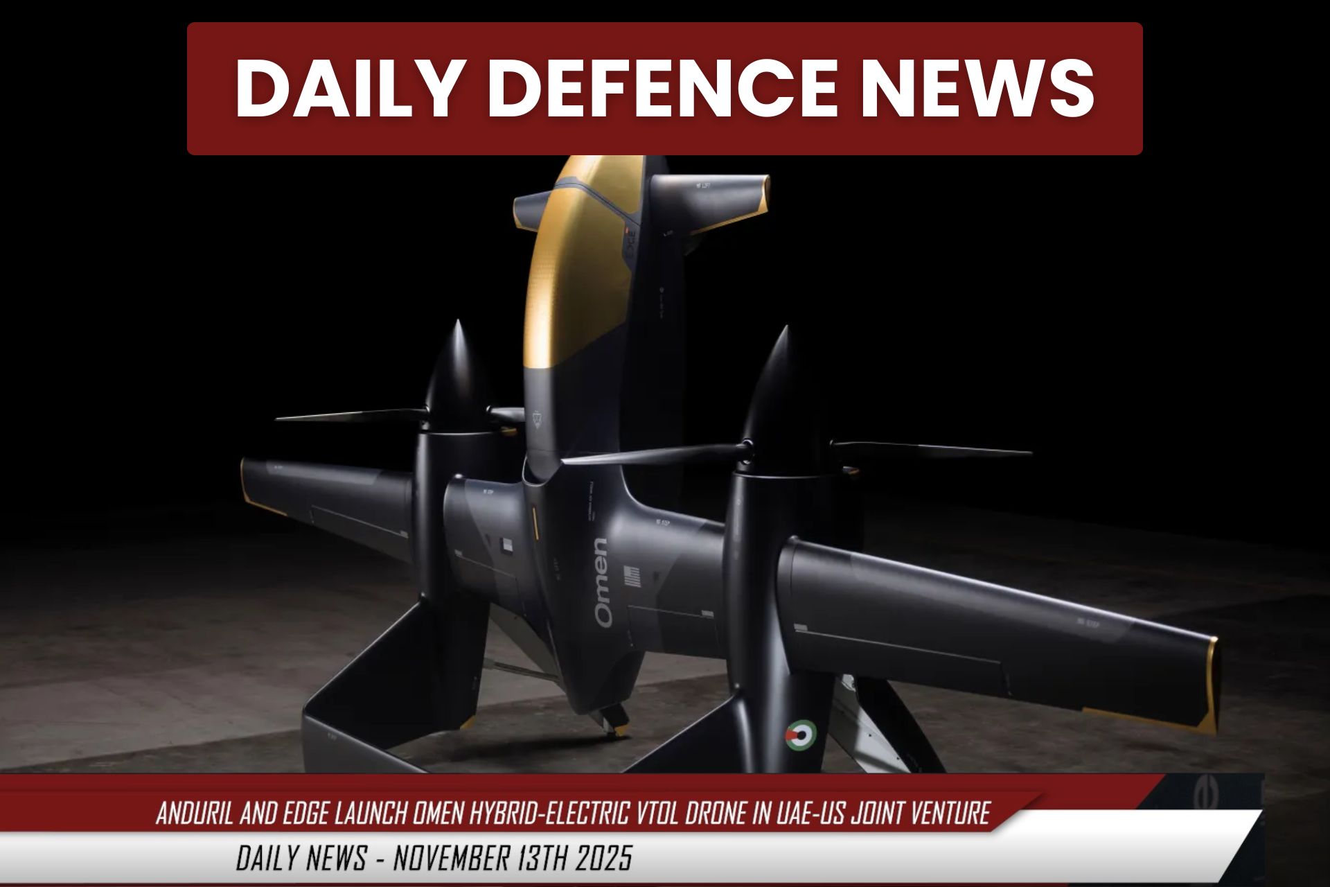 Omen is presented as an autonomous air vehicle (AAV) with vertical take-off transitioning to forward flight, classified in the Group 3 category (Picture source: Anduril/Edge)