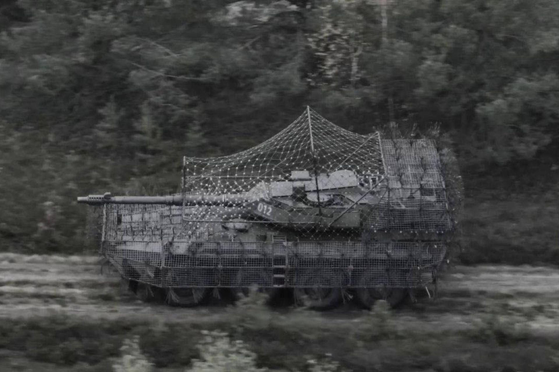 Screenshot from the 78th Air Assault Regiment video released on Nov. 9, 2025 showing a Centauro B1 in frontline use in Ukraine fitted with improvised anti-drone screens.