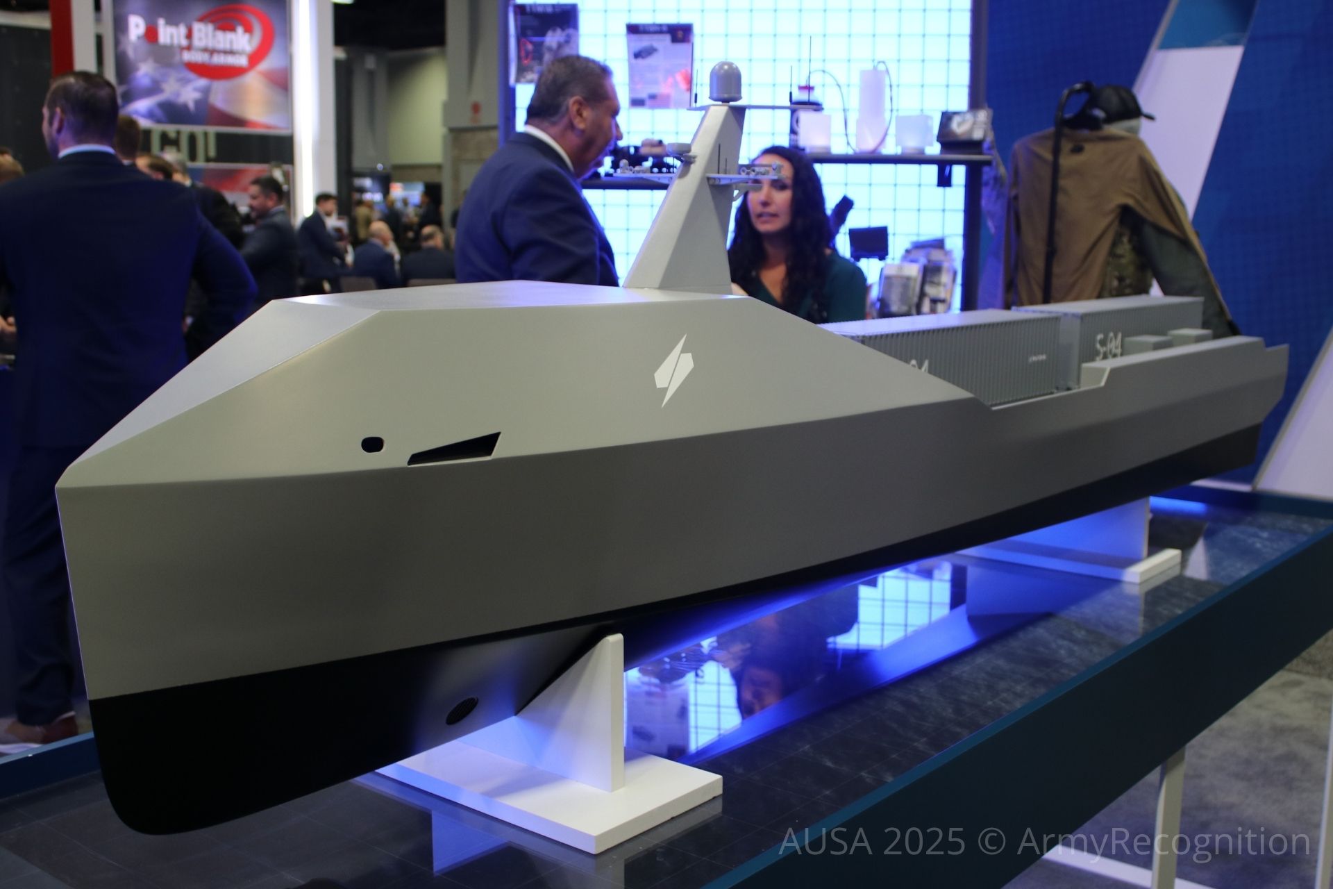 Saronic’s 150-foot Marauder USV on display at AUSA 2025, configured for ISO container payloads.