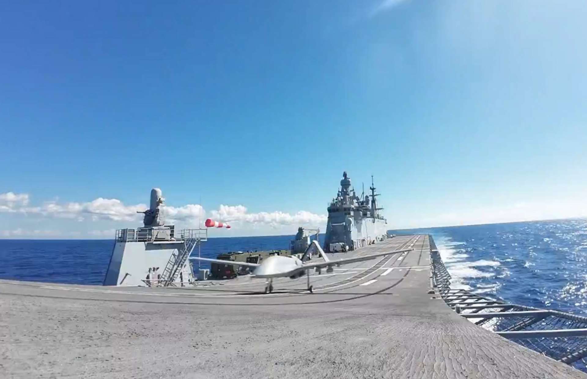 A Bayraktar TB3 unmanned combat drone takes off from the Turkish Navy’s flagship TCG Anadolu during the Sea Wolf-I 2025 exercise, launching precision strikes with Roketsan MAM munitions as part of Türkiye’s growing carrier-based UAV capability (Picture source: Anadolu Agency).
