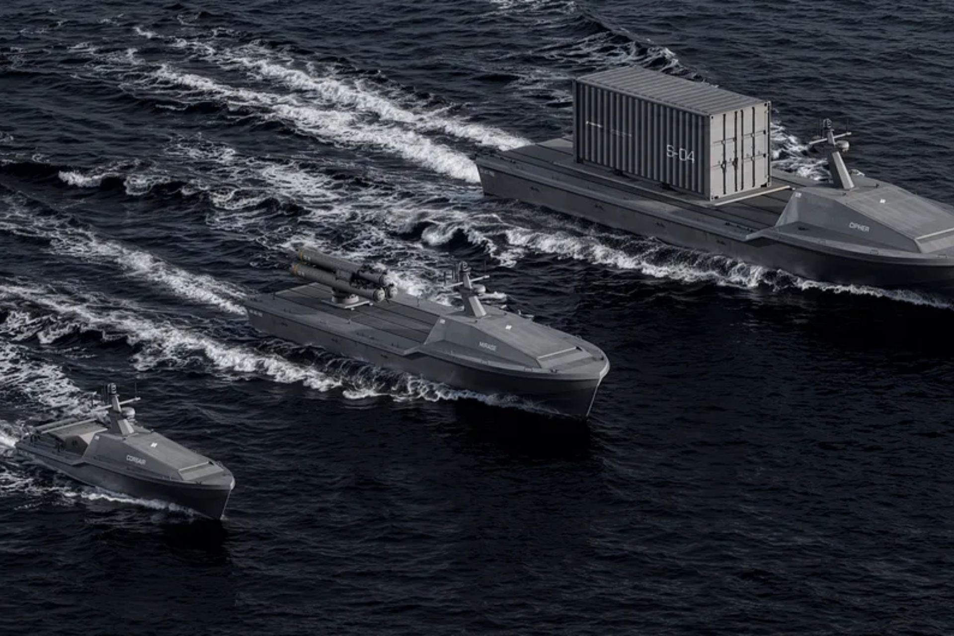 Saronic USV platforms Mirage, Cipher, and Corsair for distributed and teaming missions.