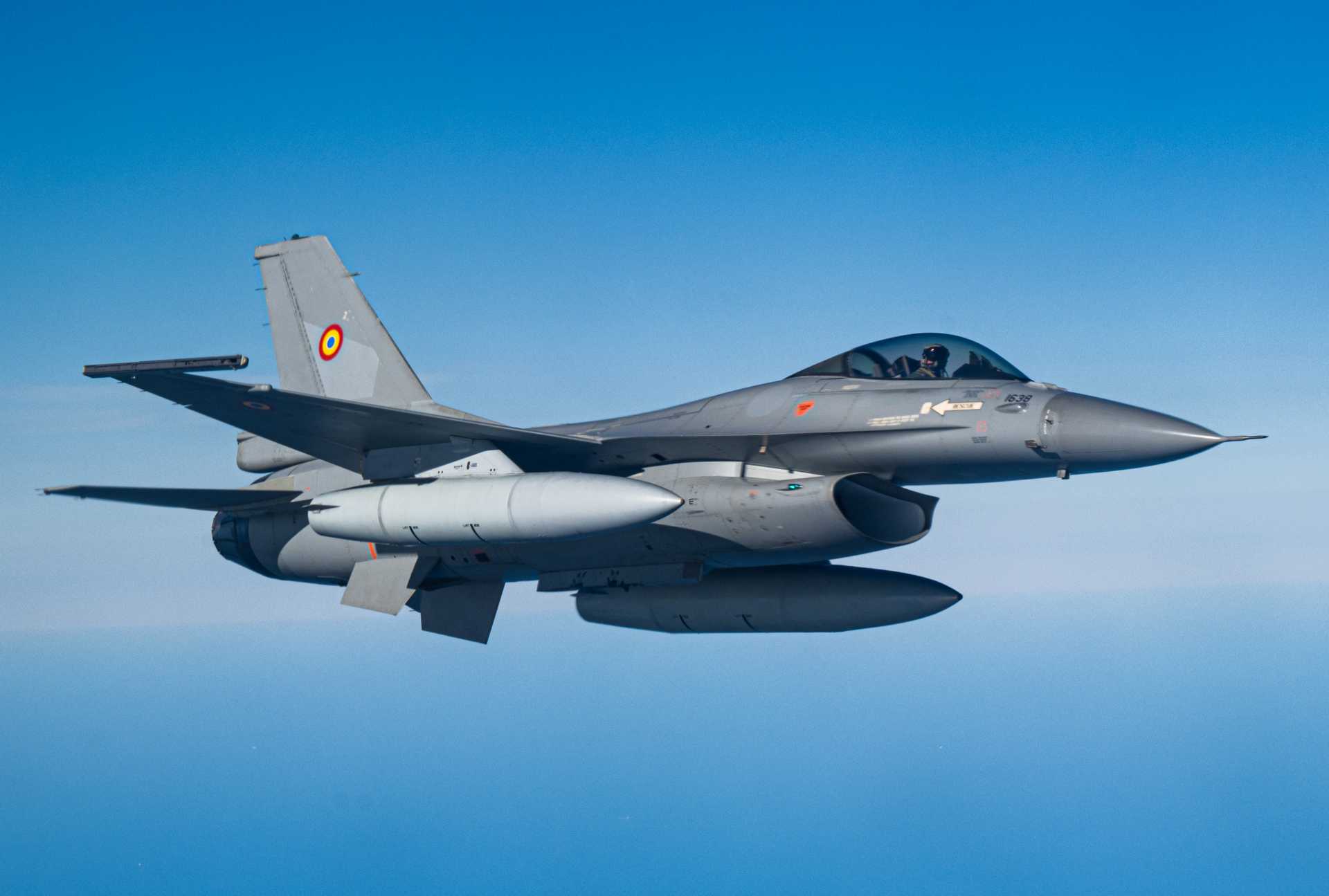 Romanian Air Force F-16 fighter assigned to NATO Baltic Air Policing mission conducts interception sortie over Lithuania during enhanced Allied airspace security operations.