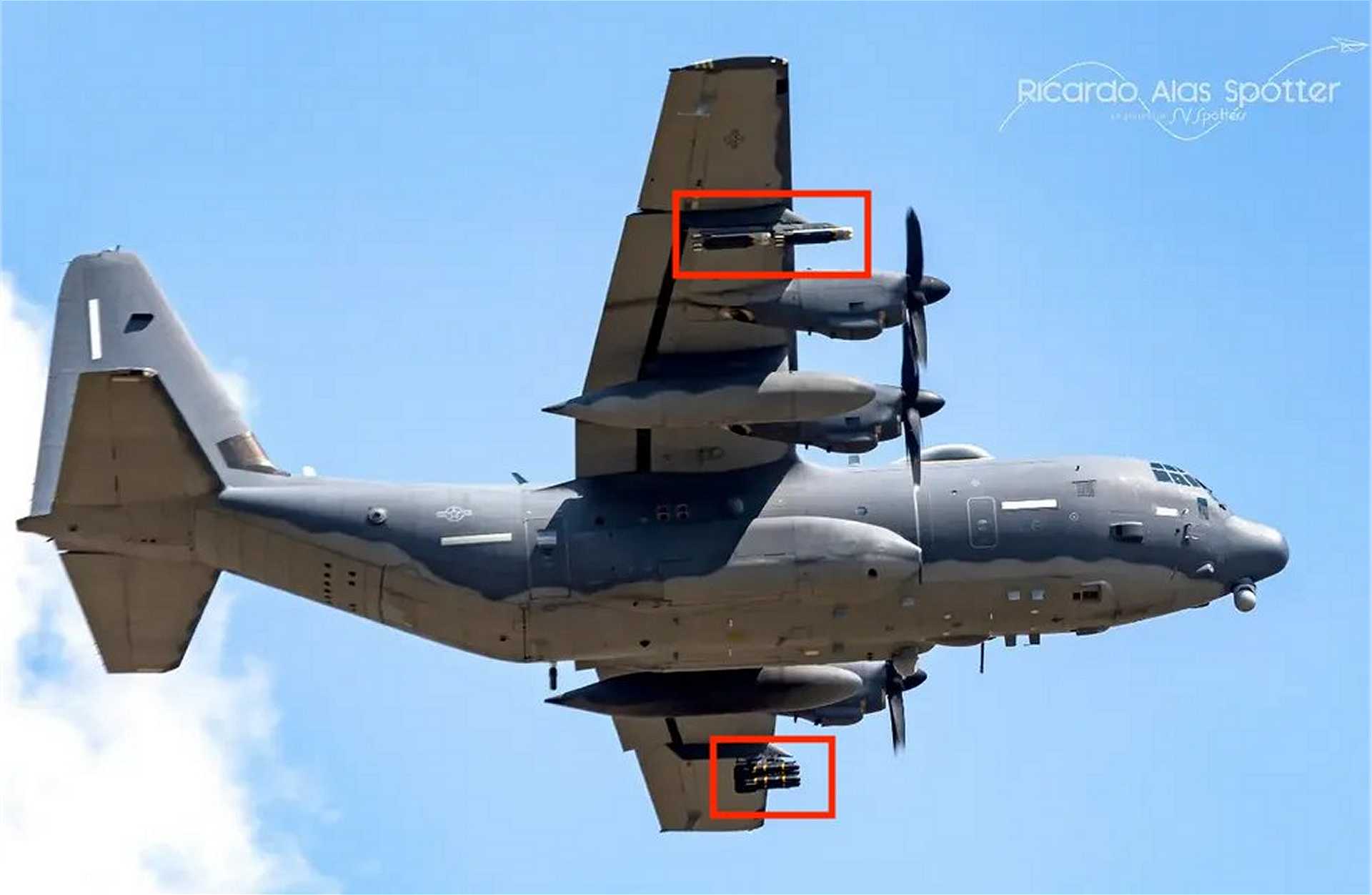AC-130J Ghostrider deployed to Comalapa International Airport (CSL), El Salvador, in support of Operation Southern Spear, shown with an asymmetric precision strike loadout of four AGM-114 Hellfire missiles on the left wing and four GBU-39/B Small Diameter Bombs on the right wing.(Image Credit: Ricardo Alas Spotter)