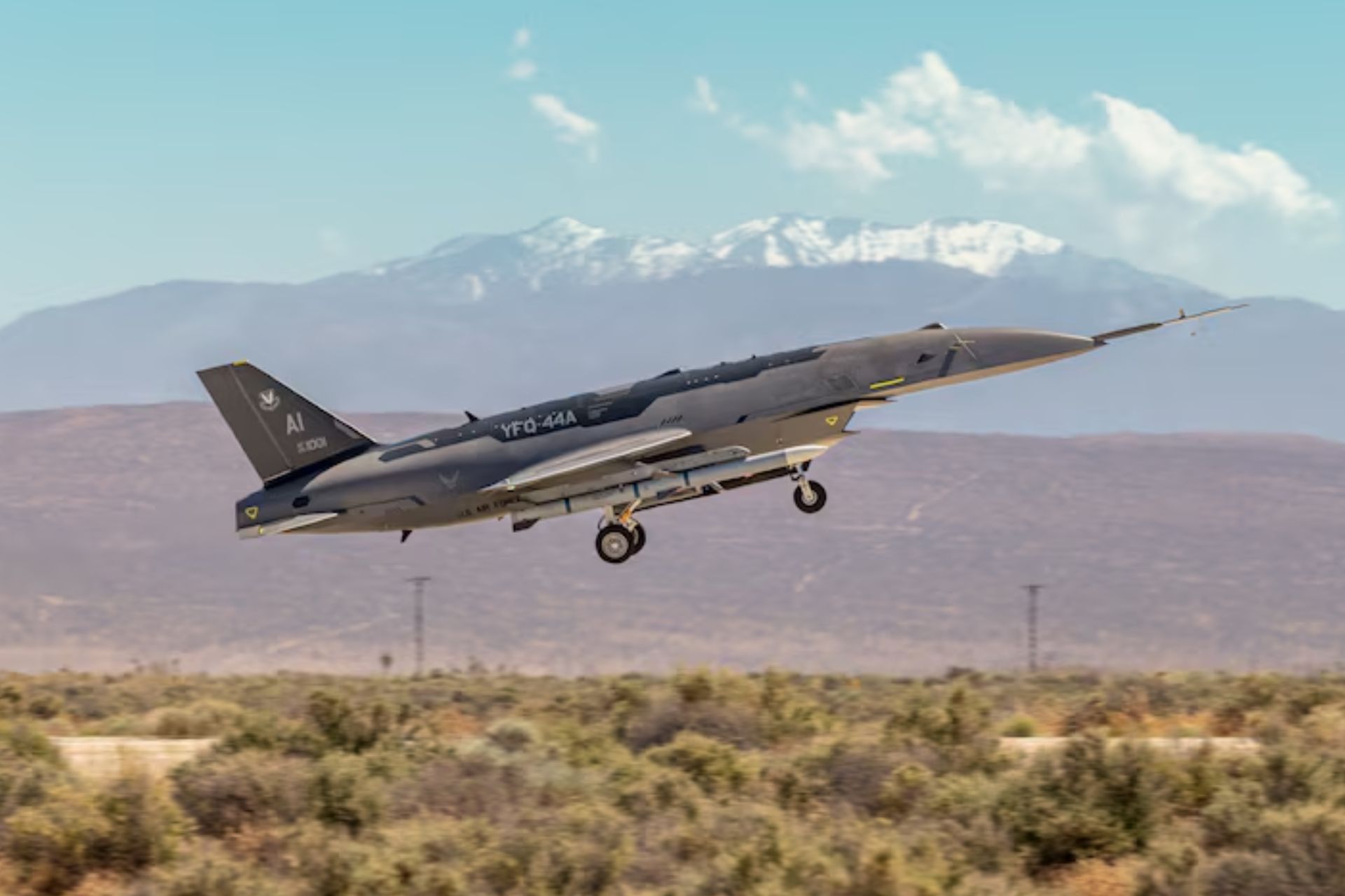 A YFQ-44A departs from Edwards Air Force Base during a Collaborative Combat Aircraft exercise. (Picture source: US DoD)