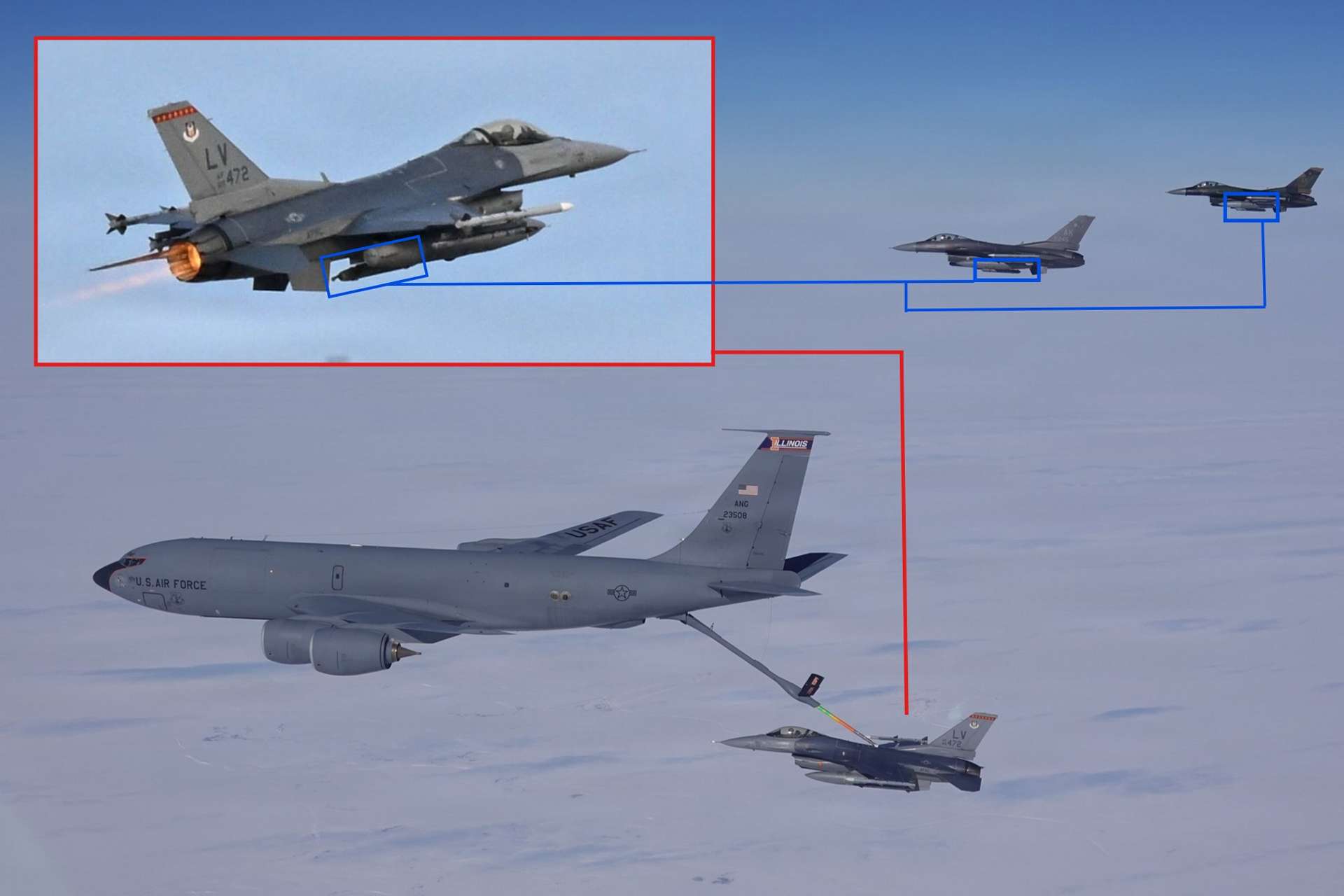 NORAD F-16s equipped with Angry Kitten electronic warfare pods deployed to a remote Alaskan airfield and trained with a KC-135 tanker to demonstrate dispersed, long-range, and spectrum-aware air defense operations over North America&rsquo;s northern approaches (Picture Source: U.S. Air Force)
