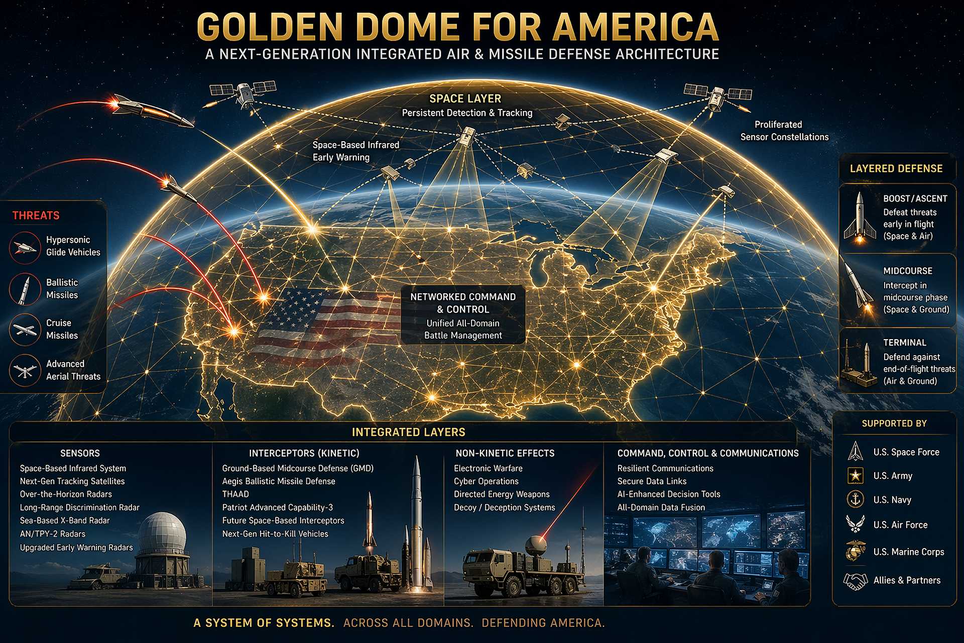 AI-generated illustration of the U.S. “Golden Dome for America” concept, depicting a next-generation, layered homeland missile defense network integrating space-based sensors, multi-domain interceptors, and unified command systems to counter hypersonic, ballistic, and advanced aerial threats.