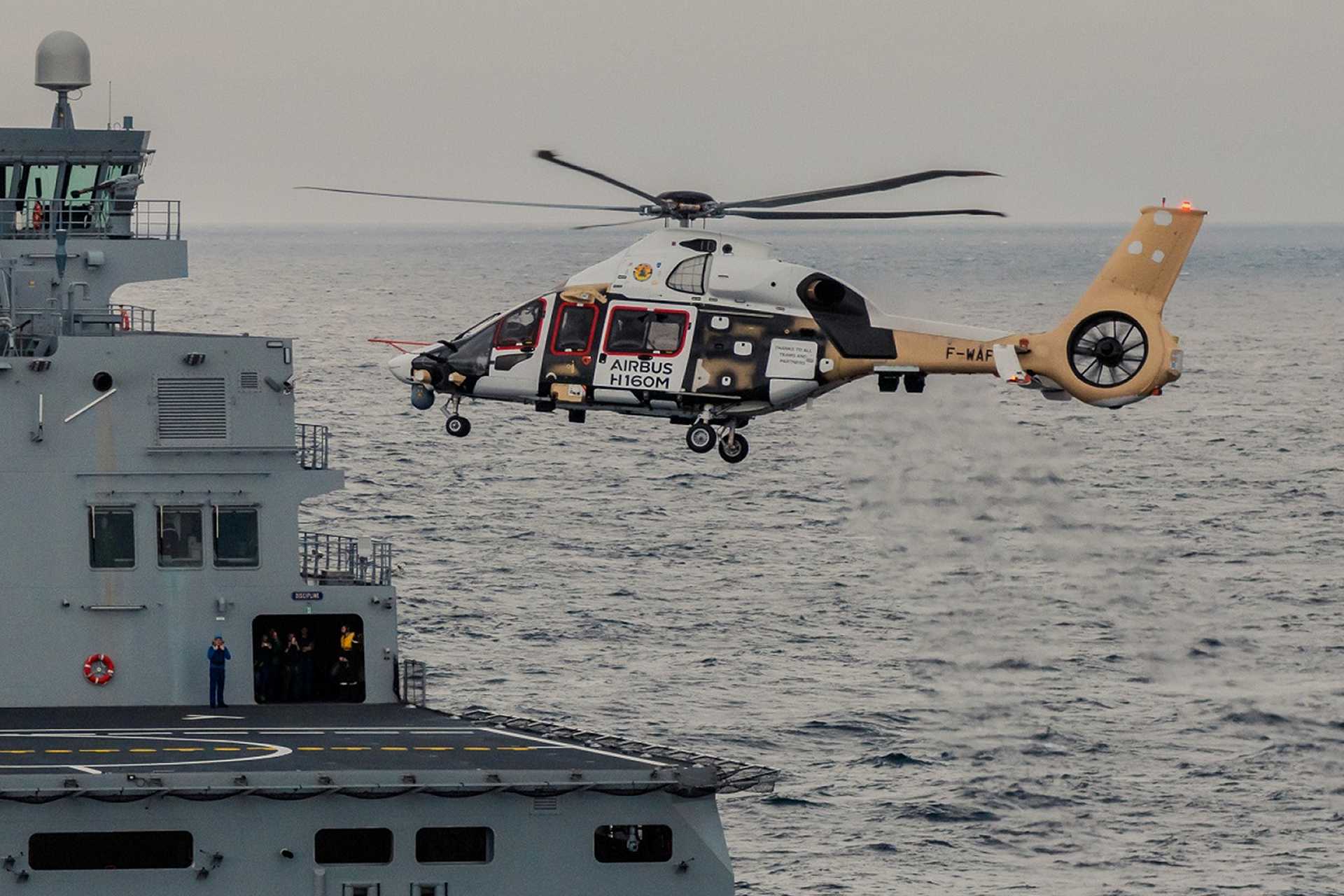 The H160M flew in an armed configuration close to the tanker but did not land on deck, to expose the helicopter&rsquo;s sensors to magnetic disturbances generated by a ship of the Jacques Stosskopf&rsquo;s size. (Picture source: French Navy)