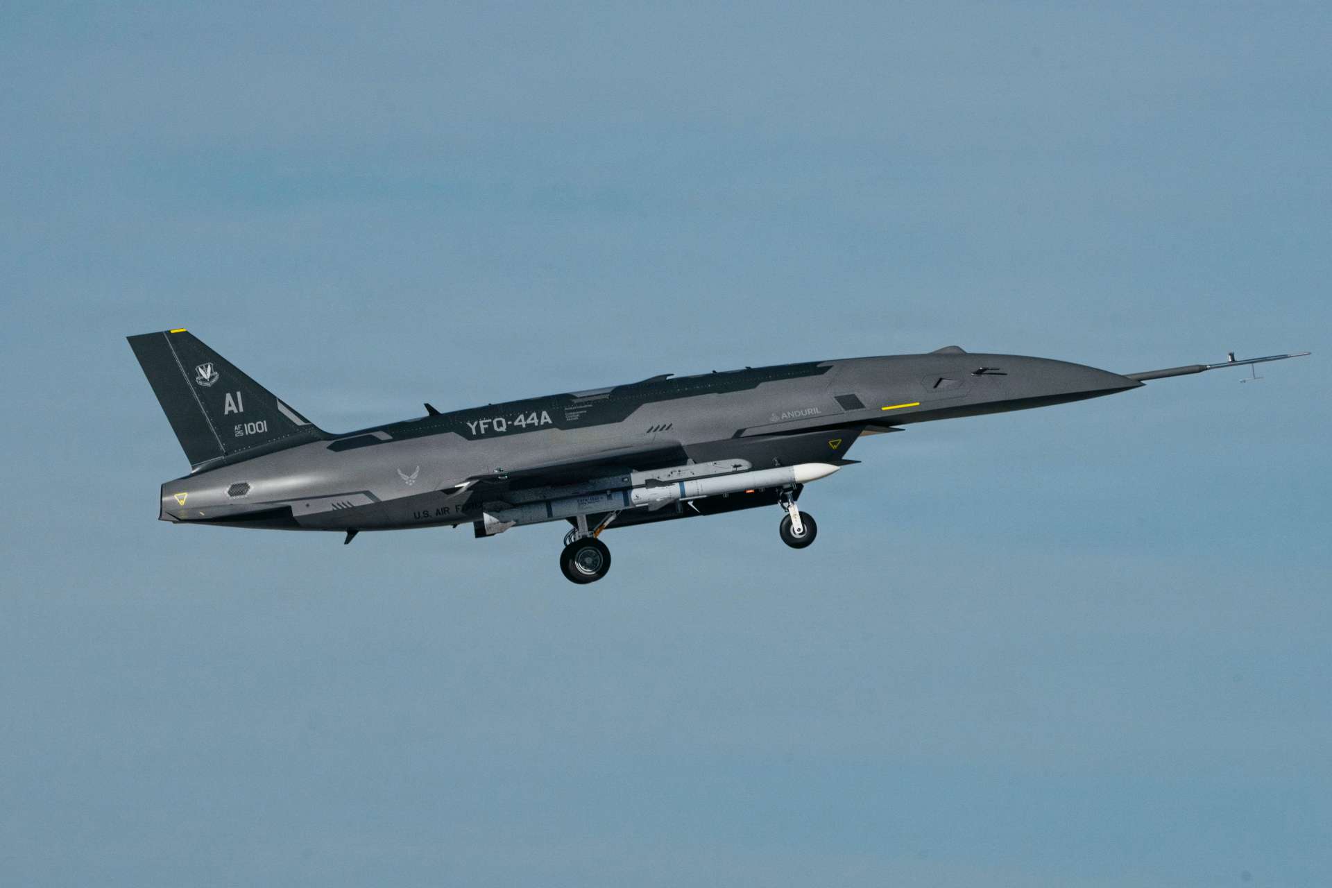 The US Air Force&rsquo;s YFQ-44 Fury autonomous jet has begun flying with an inert AIM-120 missile, marking the CCA program&rsquo;s first step toward integrating live air-to-air weapons on uncrewed combat aircraft (Picture Source: U.S. Air Force)